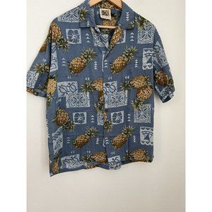 Winnie Fashion Hawaiian Camp Shirt Pineapple Blue Large Made Hawaii Vint…
